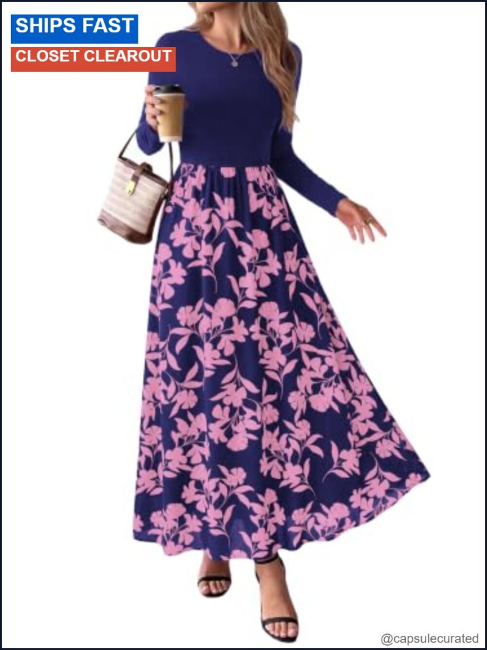 Women's Long Sleeve Floral Maxi Dress Boho Flowy A-Line with Pockets